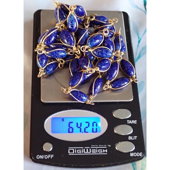 Lapis Lazuli Bead Copper Wire Wrapped Chain Link Long Single Strand Necklace 48" - Picture 13 of 14